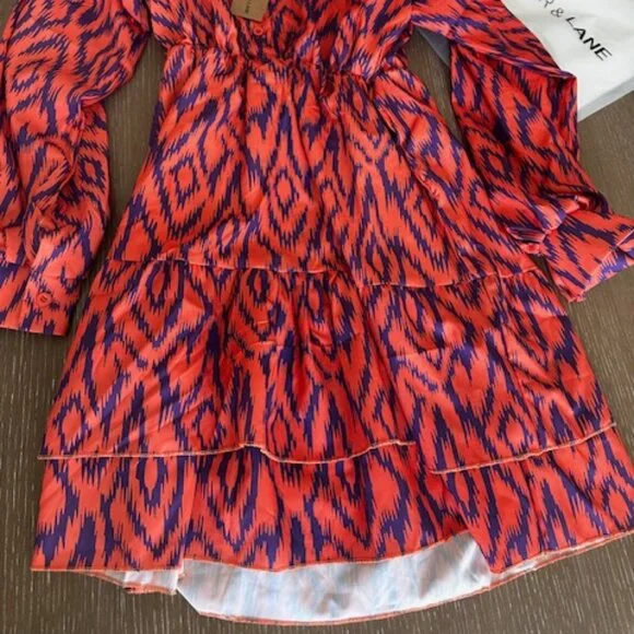 NWT Orange and Purple Print Eleanor Ruffle Mini Dress, S - Picture 4 of 8